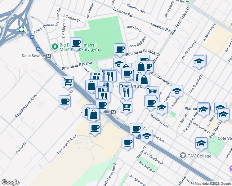 map of restaurants, bars, coffee shops, grocery stores, and more near 7501 Avenue Mountain Sights in Montreal