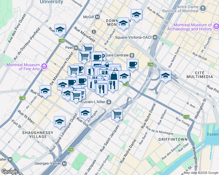 map of restaurants, bars, coffee shops, grocery stores, and more near in Montreal