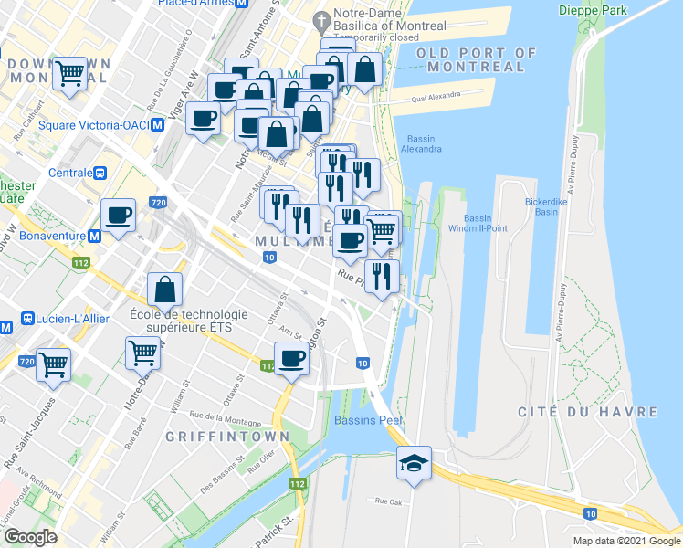 map of restaurants, bars, coffee shops, grocery stores, and more near 90 Rue Prince in Montréal