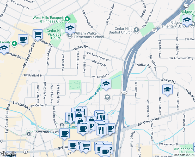 map of restaurants, bars, coffee shops, grocery stores, and more near 11560 Southwest Fairfield Street in Beaverton