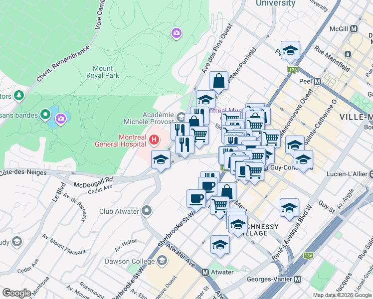 map of restaurants, bars, coffee shops, grocery stores, and more near 1572 Avenue du Docteur-Penfield in Montréal