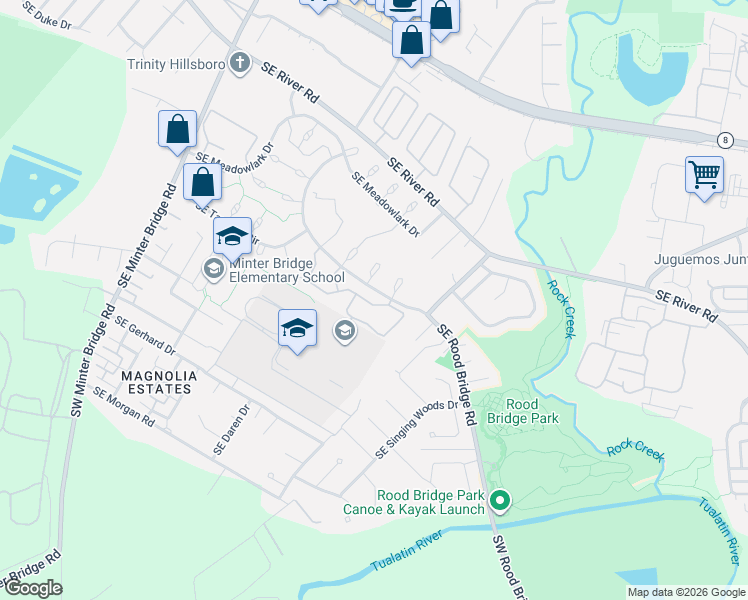 map of restaurants, bars, coffee shops, grocery stores, and more near 3165 Southeast Bluebird Drive in Hillsboro
