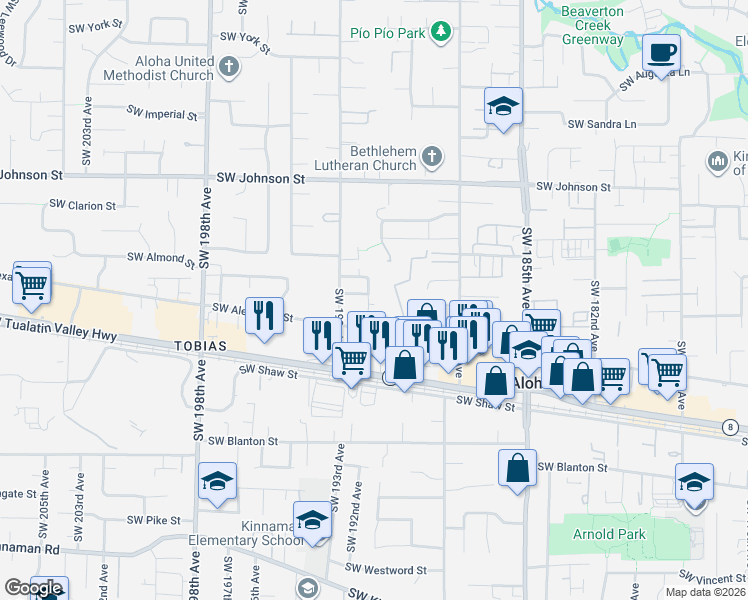 map of restaurants, bars, coffee shops, grocery stores, and more near 19089 Southwest Quinn Court in Beaverton