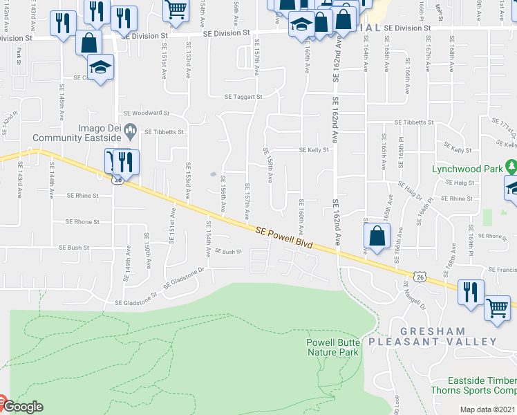 map of restaurants, bars, coffee shops, grocery stores, and more near 3540 Southeast 157th Avenue in Portland