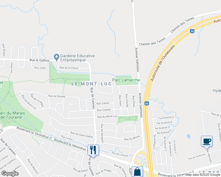 map of restaurants, bars, coffee shops, grocery stores, and more near 5 Rue de Maria in Gatineau
