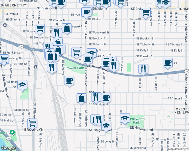 map of restaurants, bars, coffee shops, grocery stores, and more near 3611 Southeast 28th Avenue in Portland