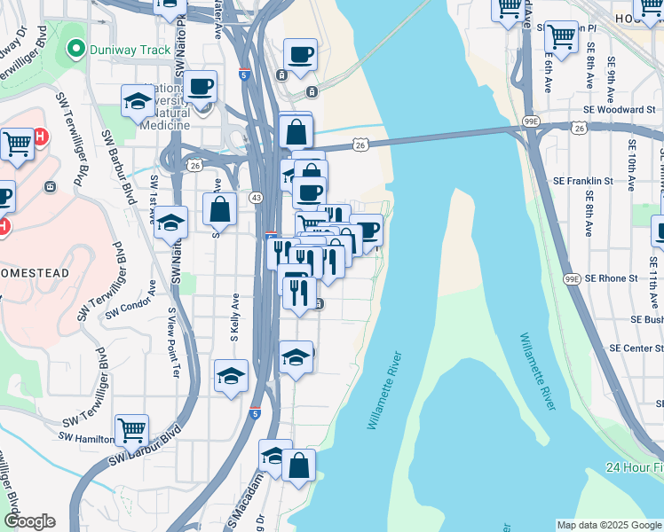 map of restaurants, bars, coffee shops, grocery stores, and more near 3601 South River Parkway in Portland