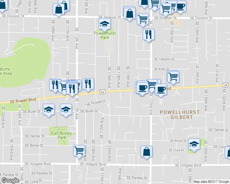 map of restaurants, bars, coffee shops, grocery stores, and more near 3505 Southeast 118th Avenue in Portland