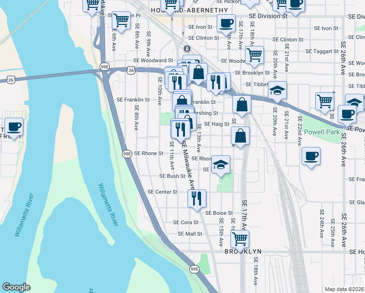 map of restaurants, bars, coffee shops, grocery stores, and more near 3619 Southeast Milwaukie Avenue in Portland
