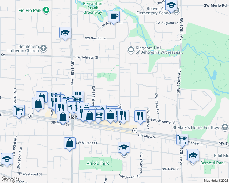 map of restaurants, bars, coffee shops, grocery stores, and more near 17893 Southwest Wakem Street in Beaverton