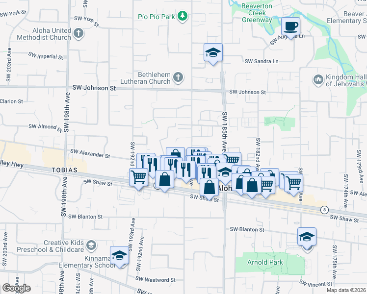 map of restaurants, bars, coffee shops, grocery stores, and more near 3219 Southwest Alicia Place in Beaverton