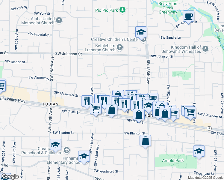 map of restaurants, bars, coffee shops, grocery stores, and more near in Beaverton