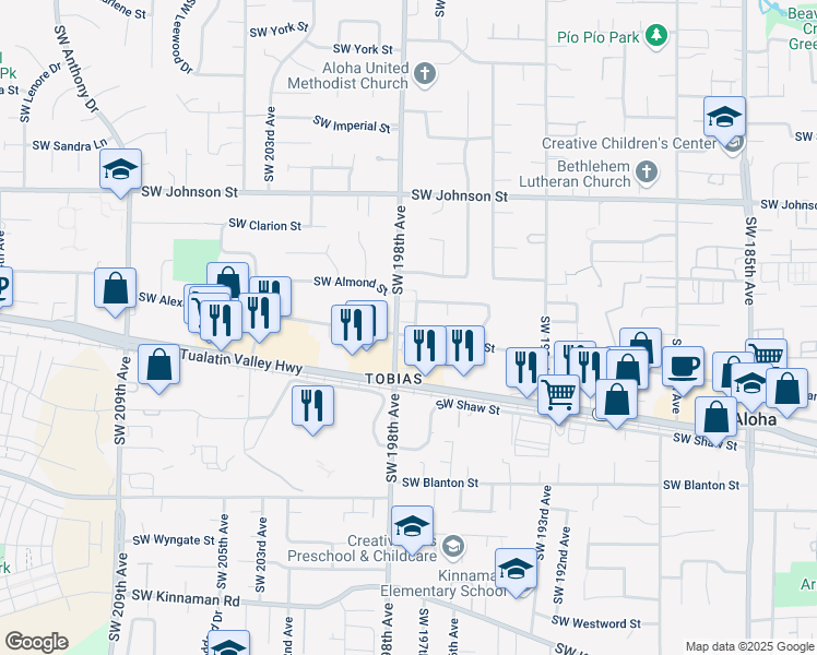 map of restaurants, bars, coffee shops, grocery stores, and more near 19750 Southwest Alexander Street in Beaverton