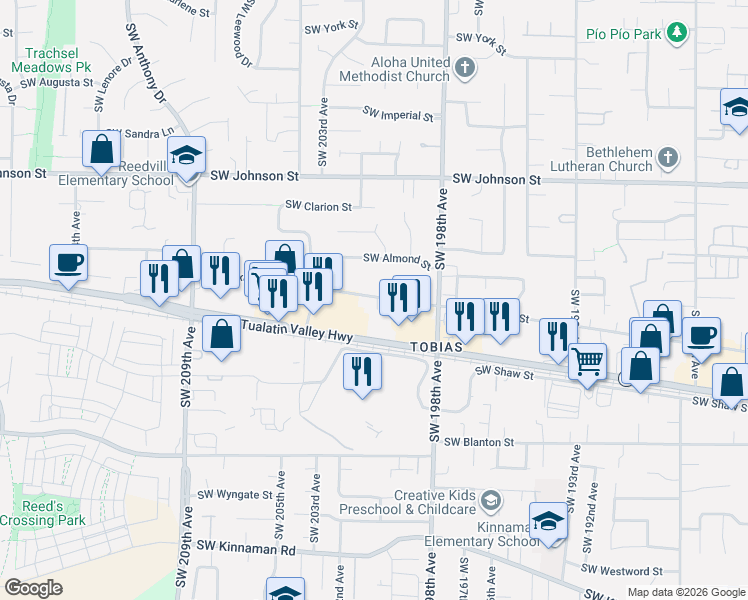 map of restaurants, bars, coffee shops, grocery stores, and more near 20130 Southwest Alexander Street in Aloha