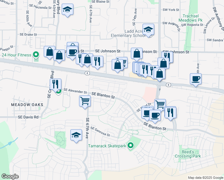 map of restaurants, bars, coffee shops, grocery stores, and more near 7067 Southeast Blanton Street in Hillsboro