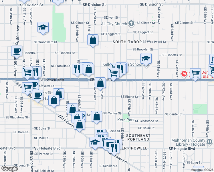 map of restaurants, bars, coffee shops, grocery stores, and more near 3537 Southeast 64th Avenue in Portland