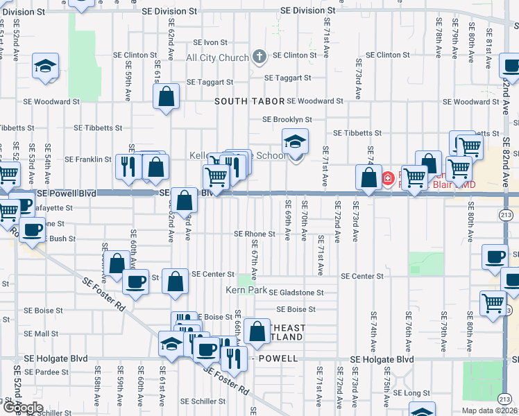 map of restaurants, bars, coffee shops, grocery stores, and more near 3538 Southeast 67th Avenue in Portland