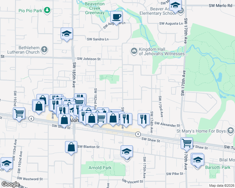 map of restaurants, bars, coffee shops, grocery stores, and more near 17893 Southwest Wakem Street in Beaverton