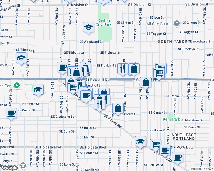 map of restaurants, bars, coffee shops, grocery stores, and more near SE 57th Ave & SE Lafayette St in Portland