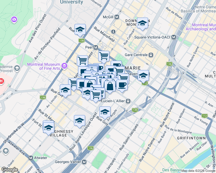 map of restaurants, bars, coffee shops, grocery stores, and more near 1100 Rue de la Montagne in Montréal