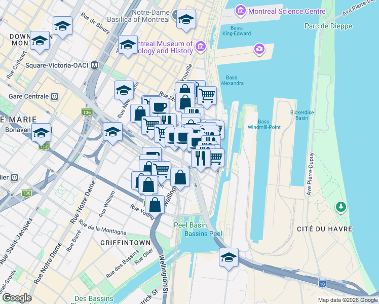 map of restaurants, bars, coffee shops, grocery stores, and more near 90 Rue Prince in Montréal