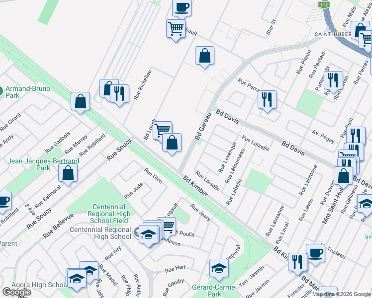 map of restaurants, bars, coffee shops, grocery stores, and more near 4224 Boulevard Gareau in Longueuil