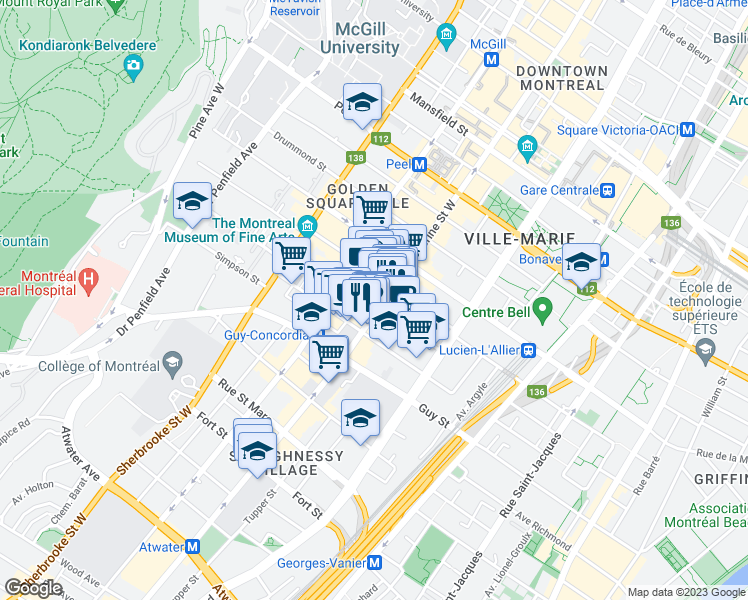 map of restaurants, bars, coffee shops, grocery stores, and more near 1405 Rue Bishop in Montréal