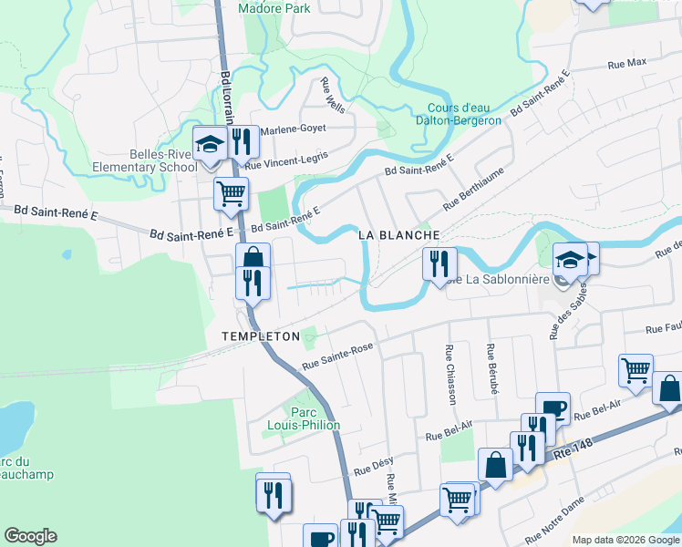 map of restaurants, bars, coffee shops, grocery stores, and more near 49 Rue Hamel in Gatineau
