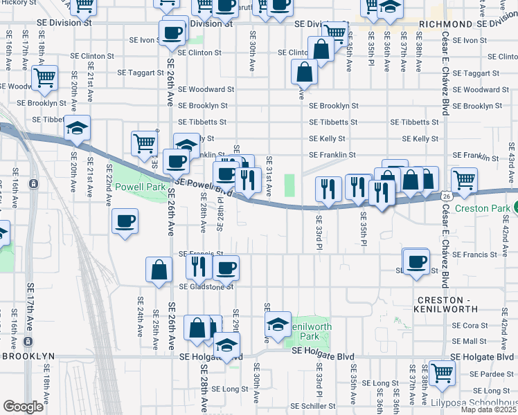 map of restaurants, bars, coffee shops, grocery stores, and more near 3000 Southeast Powell Boulevard in Portland