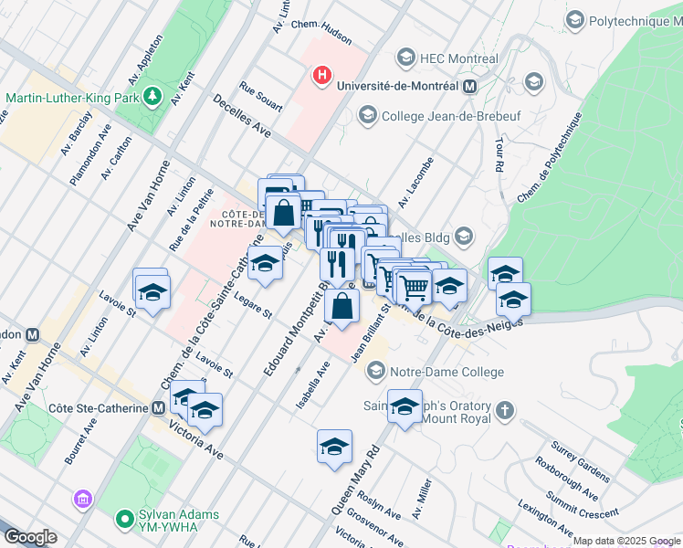map of restaurants, bars, coffee shops, grocery stores, and more near in Montreal