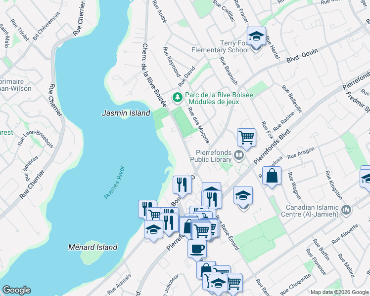 map of restaurants, bars, coffee shops, grocery stores, and more near 240 Chemin de la Rive-Boisée in Montréal