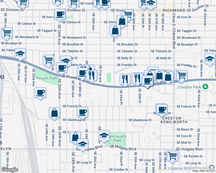 map of restaurants, bars, coffee shops, grocery stores, and more near Southeast Powell Boulevard & Southeast 32nd Avenue in Portland