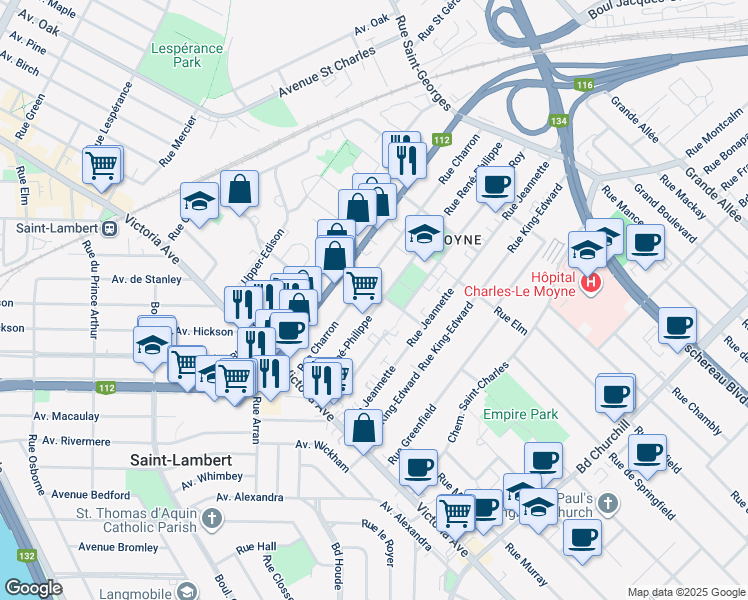 map of restaurants, bars, coffee shops, grocery stores, and more near 95 Rue René-Philippe in Longueuil