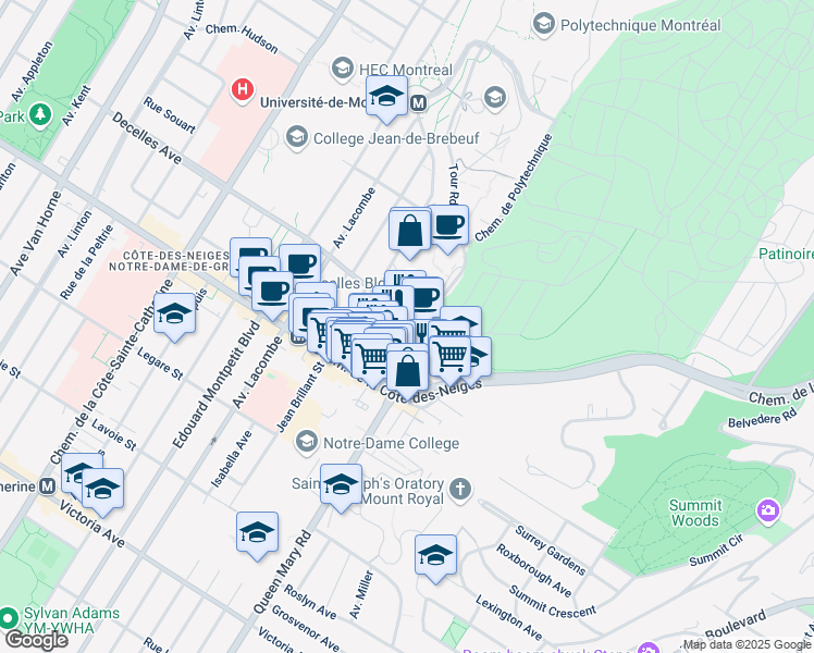 map of restaurants, bars, coffee shops, grocery stores, and more near 5160 Avenue Decelles in Montréal