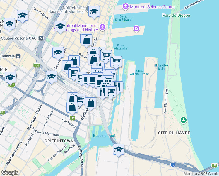 map of restaurants, bars, coffee shops, grocery stores, and more near 711 Rue de la Commune Ouest in Montréal