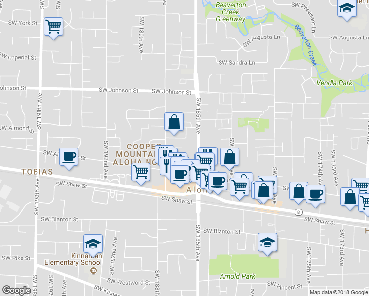 map of restaurants, bars, coffee shops, grocery stores, and more near Southwest Aloha Court in Aloha