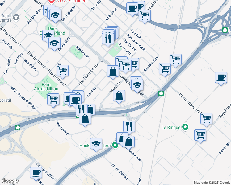 map of restaurants, bars, coffee shops, grocery stores, and more near 2300 Ward Street in Montrã©Al
