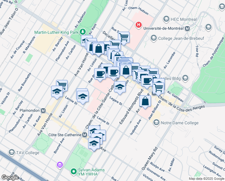map of restaurants, bars, coffee shops, grocery stores, and more near 3790 Chemin de la Côte-Sainte-Catherine in Montreal
