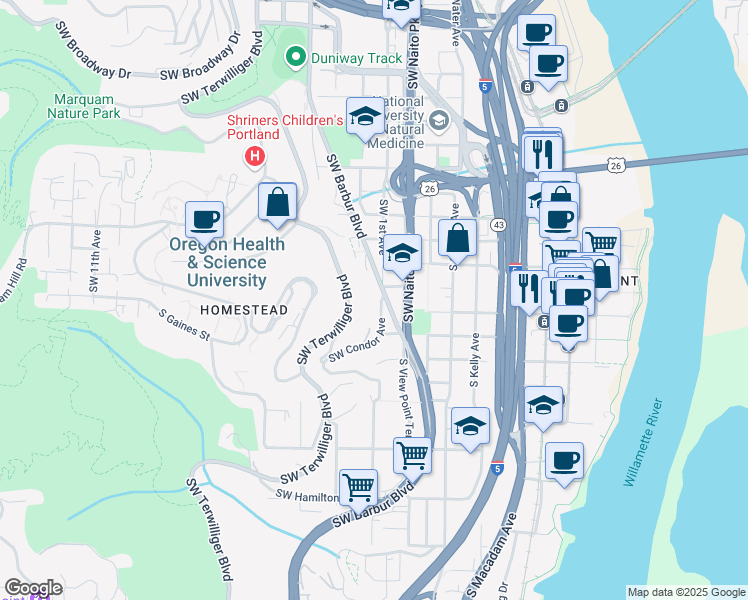 map of restaurants, bars, coffee shops, grocery stores, and more near 3625 Southwest Condor Avenue in Portland