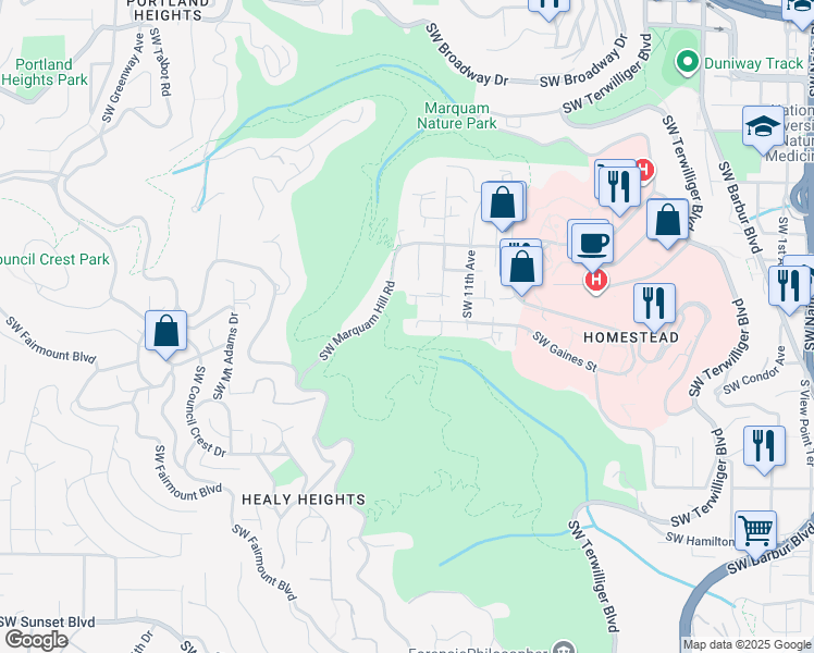 map of restaurants, bars, coffee shops, grocery stores, and more near 7225 Southwest 13th Avenue in Portland