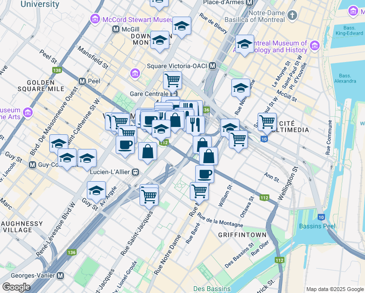 map of restaurants, bars, coffee shops, grocery stores, and more near 715 Peel Street in Montreal