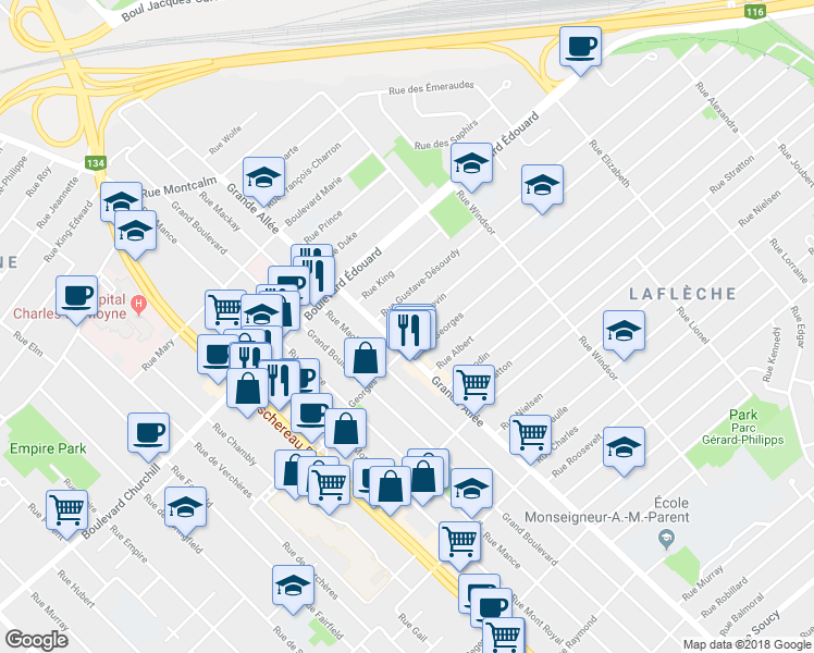 map of restaurants, bars, coffee shops, grocery stores, and more near 1910 Rue Langevin in Longueuil