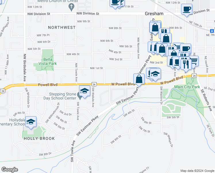 map of restaurants, bars, coffee shops, grocery stores, and more near 1010-1040 West Powell Boulevard in Gresham