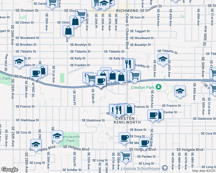 map of restaurants, bars, coffee shops, grocery stores, and more near 3625 Southeast 37th Avenue in Portland