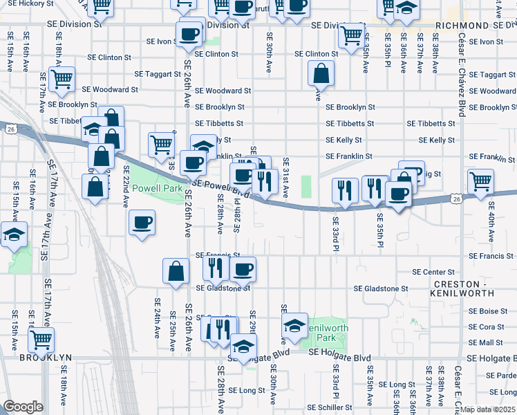 map of restaurants, bars, coffee shops, grocery stores, and more near 3680 Southeast 29th Avenue in Portland