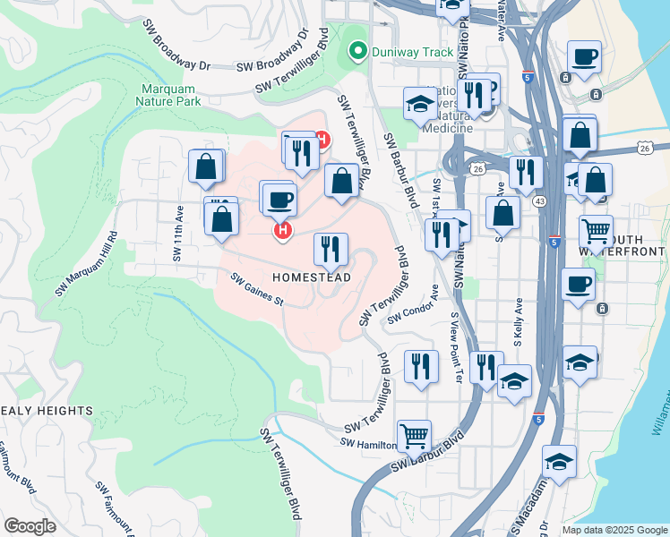 map of restaurants, bars, coffee shops, grocery stores, and more near 3710 Southwest US Veterans Hospital Road in Portland