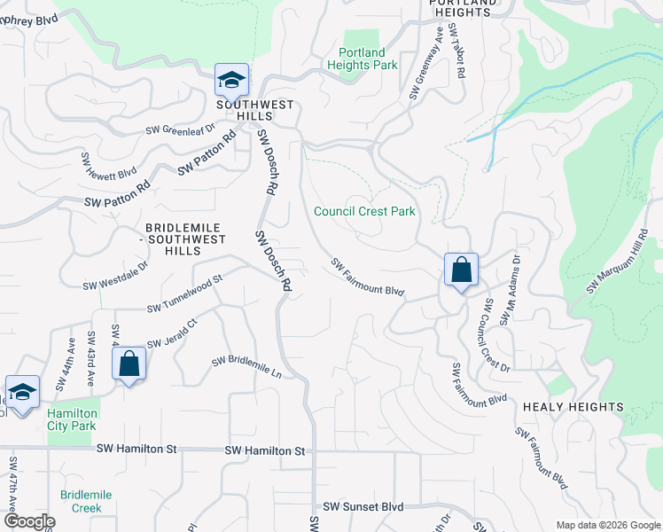 map of restaurants, bars, coffee shops, grocery stores, and more near 3334 Southwest Fairmount Lane in Portland