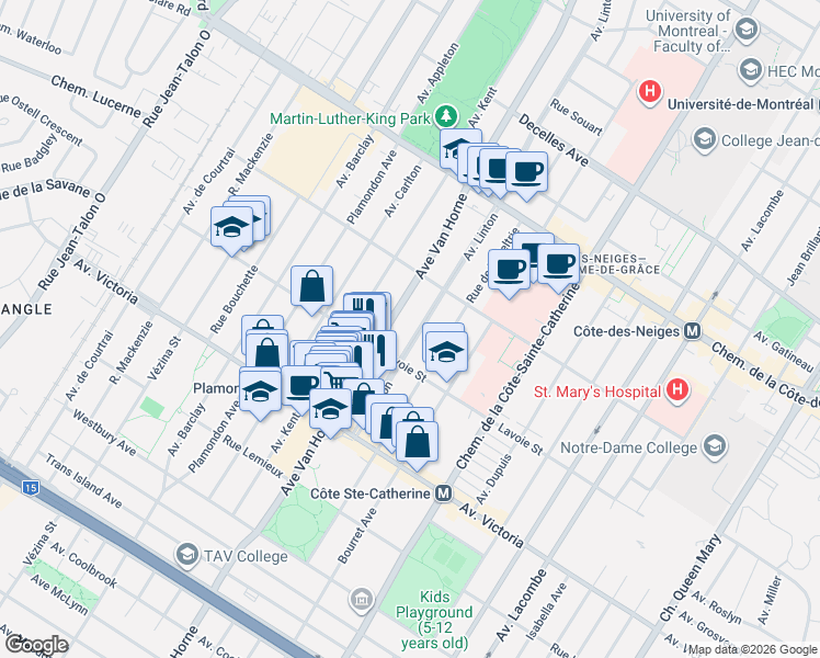 map of restaurants, bars, coffee shops, grocery stores, and more near 4361 Avenue Linton in Montréal