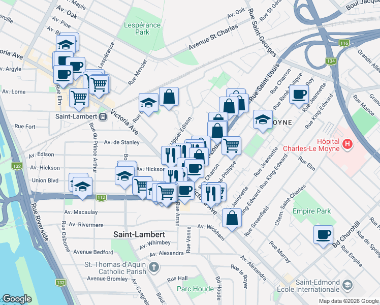 map of restaurants, bars, coffee shops, grocery stores, and more near 79 Rue Reid in Saint-Lambert