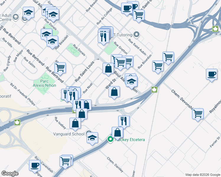 map of restaurants, bars, coffee shops, grocery stores, and more near 2300 Rue Ward in Montréal